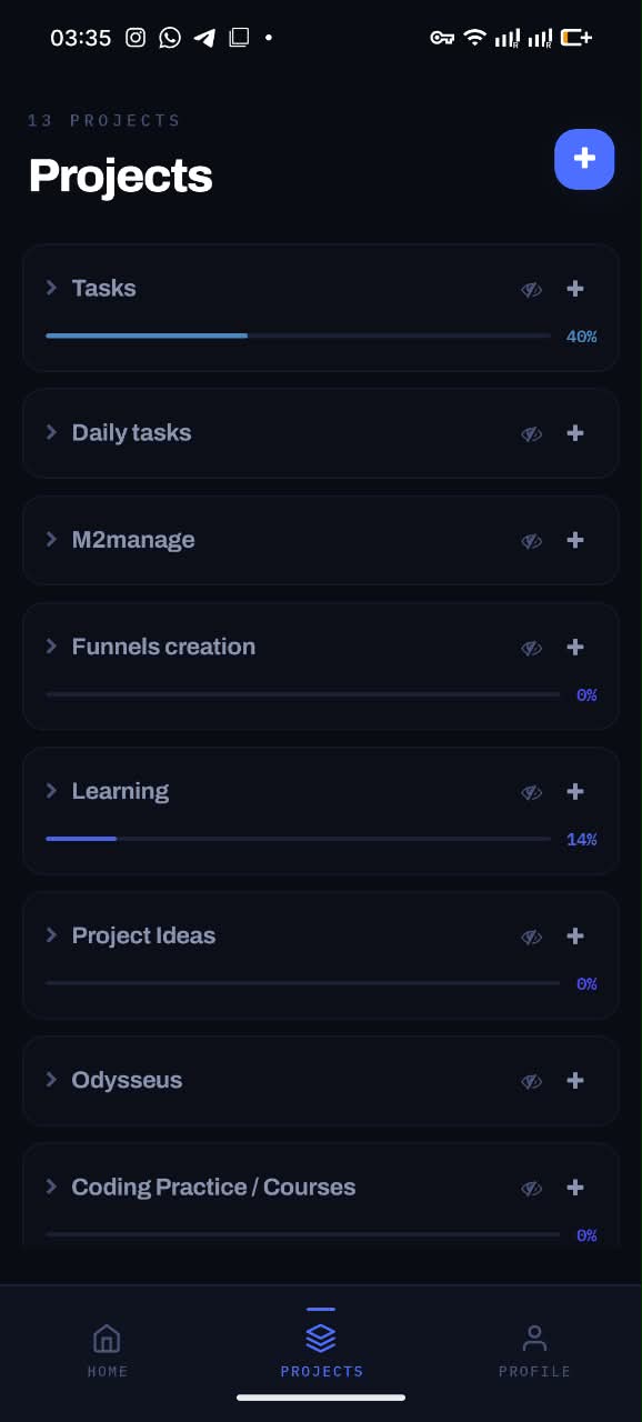 F4Goals Projects screen on Android: a list of projects, each with a progress bar and percentage