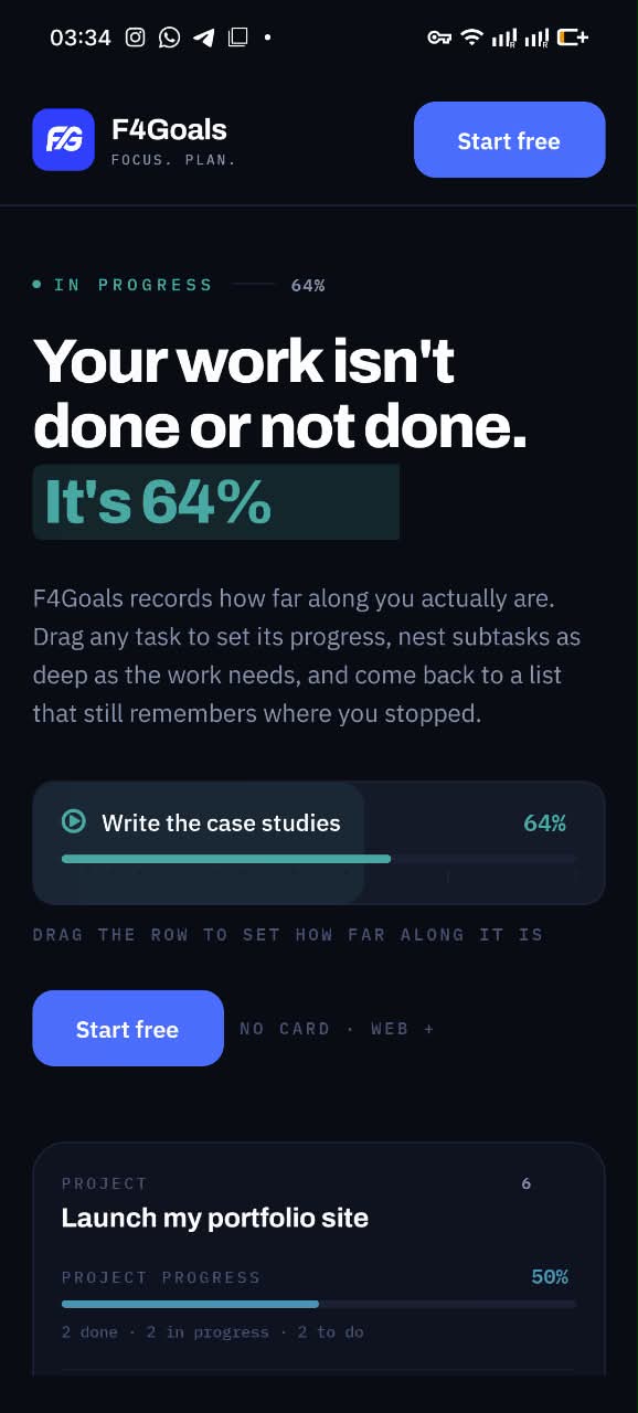 F4Goals on Android: a task row dragged to 64%, with the project showing 50% progress